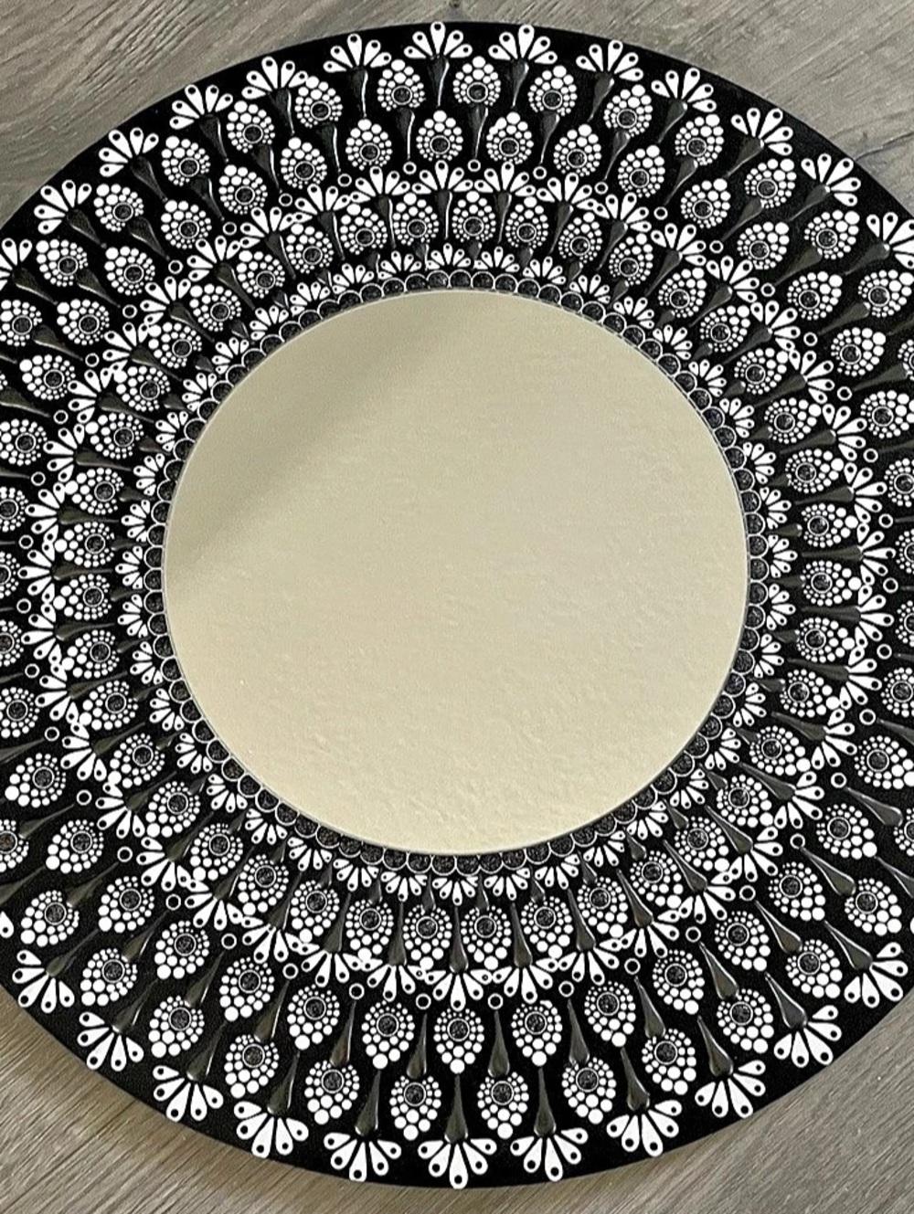 Handpainted Black & White Round Decorative Mirror on 16 inch wood round